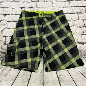 NWOT Zonal Men's Board Shorts Swimming Trucks Black Yellow Green Plaid Large